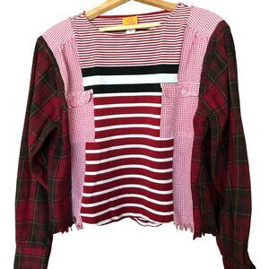 Upcycled Mixed Print Oversized Shirt, Red Gingham & Plaid Flannel Sleeves Sz M-L
